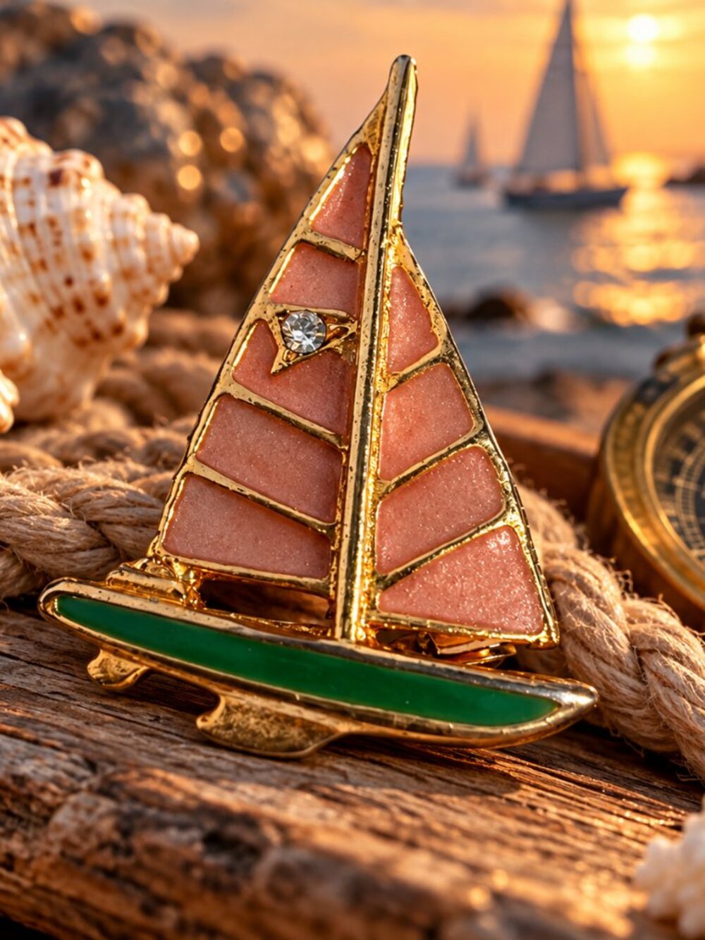 Vintage Sailboat Brooch Pink Green Enamel Gold Tone Rhinestone Nautical Pin